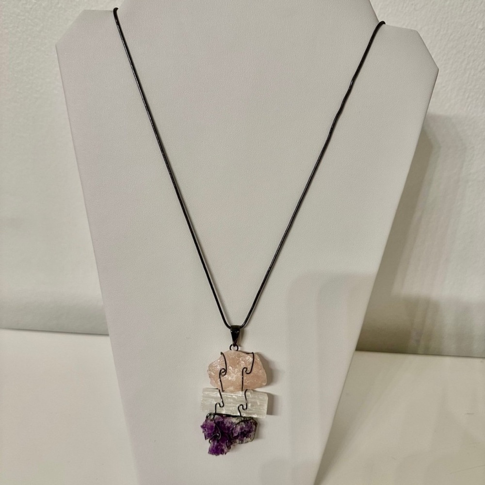 Crystal rose quartz, selenite, amethyst, healing necklace titanium
